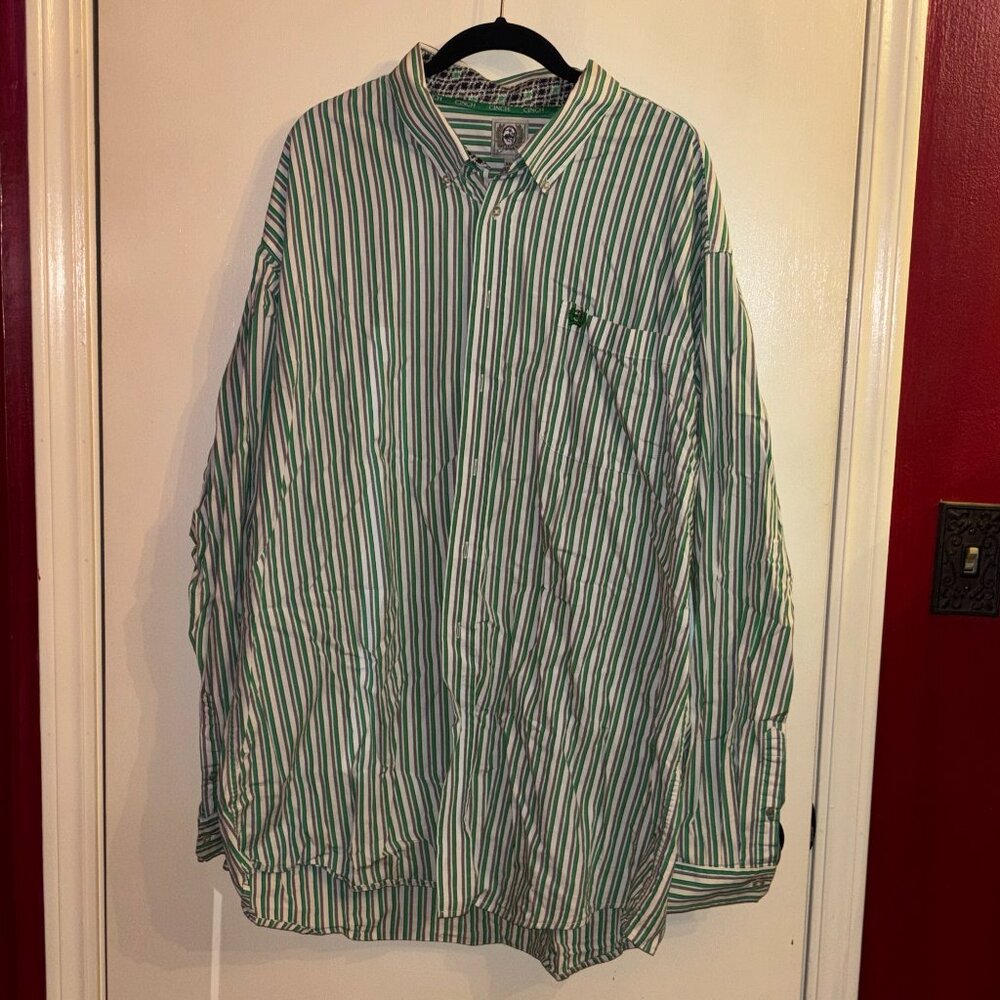 Men's Cinch Green, Black & White Striped Long Sleeve Button Down Size XXL